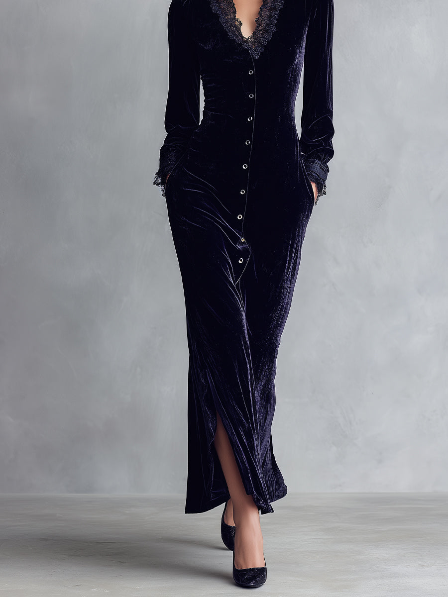 Women's Navy Elegant Velvet Lace - Trimmed Button - Front Maxi Dress MDA2189J3I