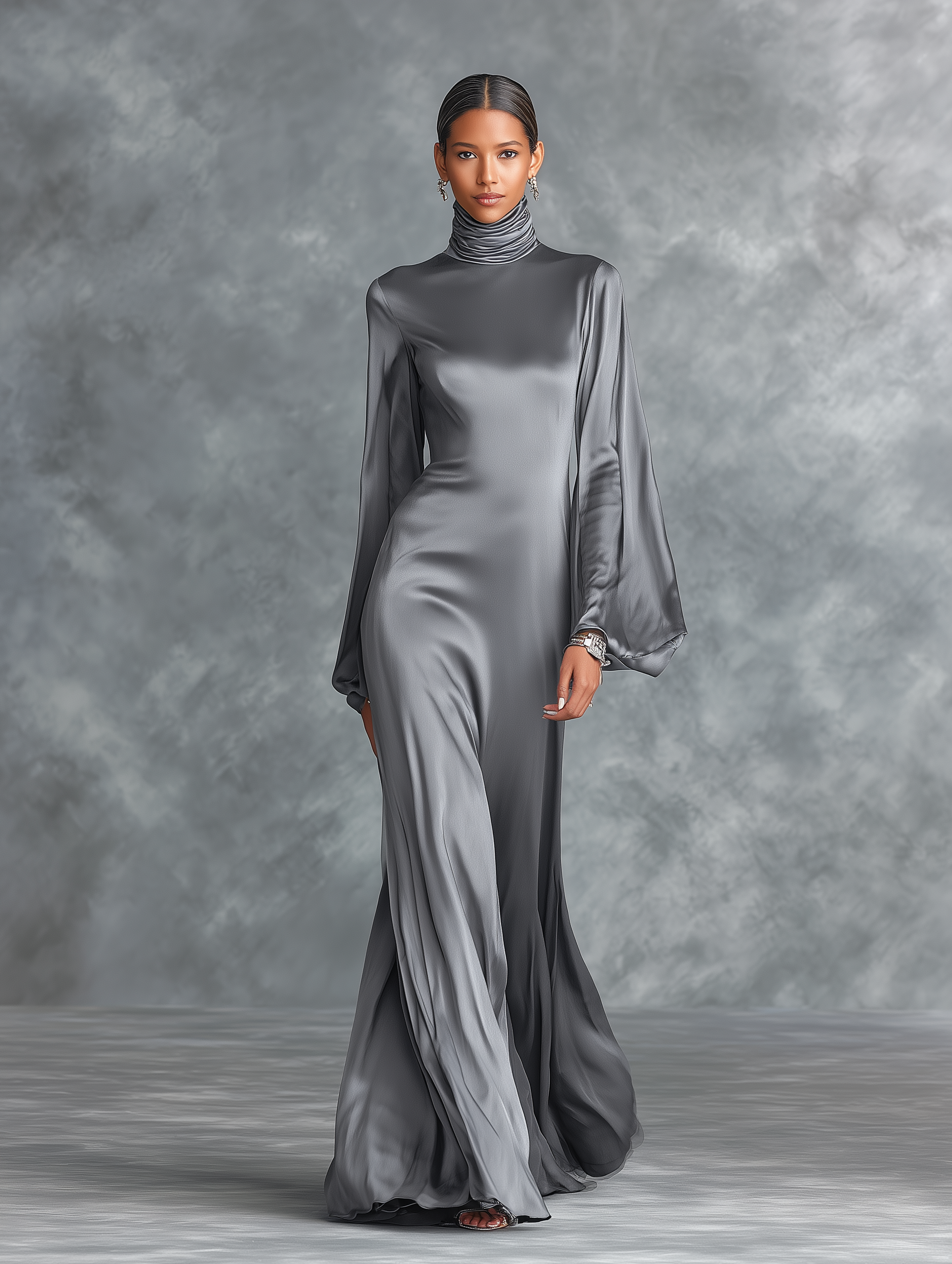 Women's Fashionable Grey Satin High-neck Long-sleeved Loose-fitting Maxi Dress MDZ0690A0AN