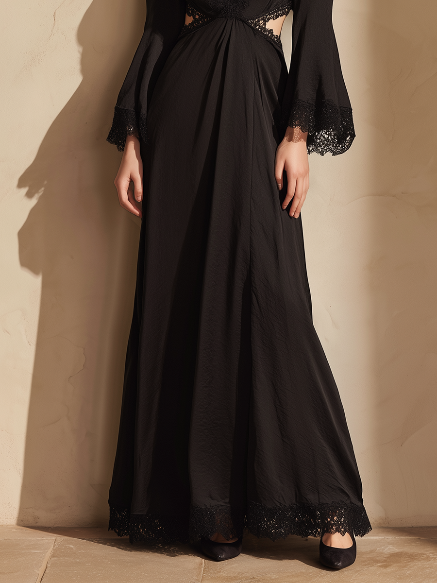 Women's Black Chiffon Lace Trim Deep V Maxi Dress MDA1852L9T