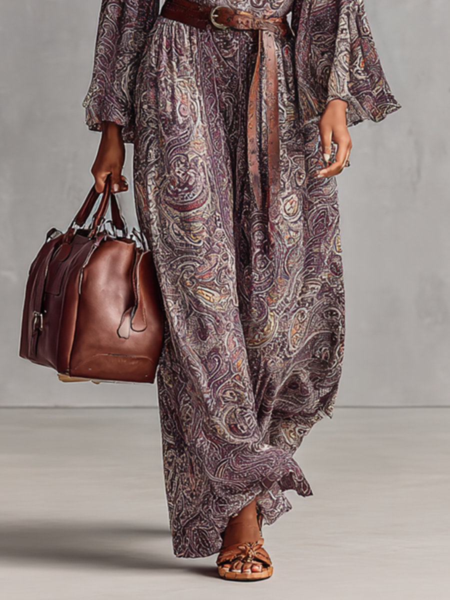 Women's Paisley Print High Collar Trumpet Long Sleeve Loose Maxi Dress (without Belt)MDA2193G4Y