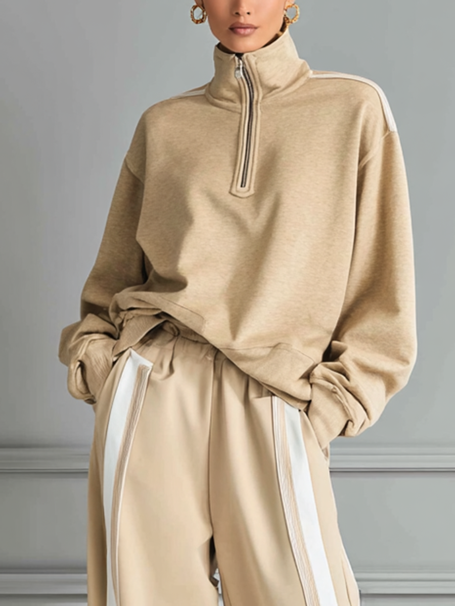 Women's Khaki Cotton Blend Loose-fitting Tracksuit With White Trim MDA0801K2T