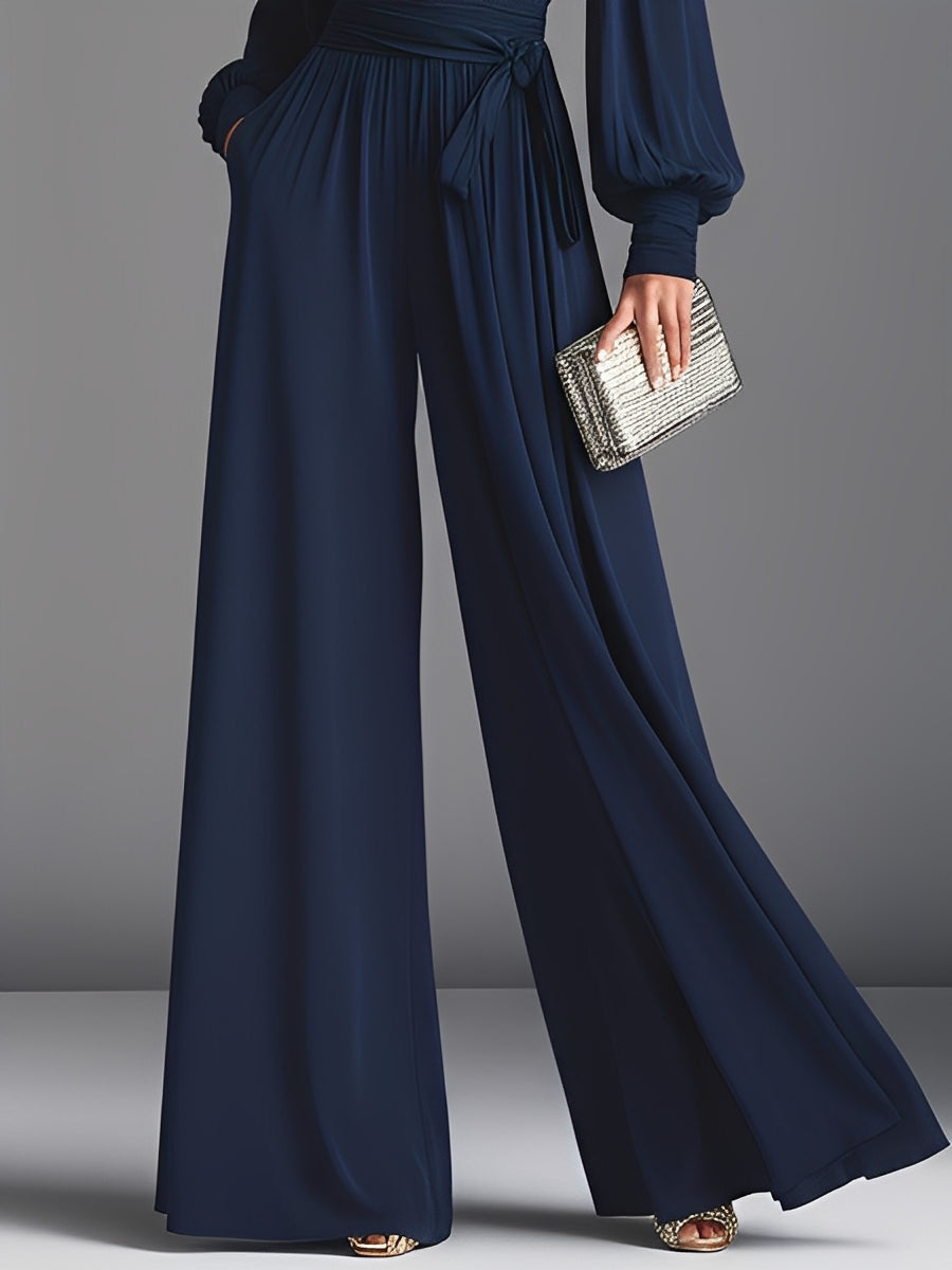 Women's Navy Blue Stretch Woven Off-Shoulder Wrap-Up Jumpsuit With Elegant Tie Design MDA2746K6I