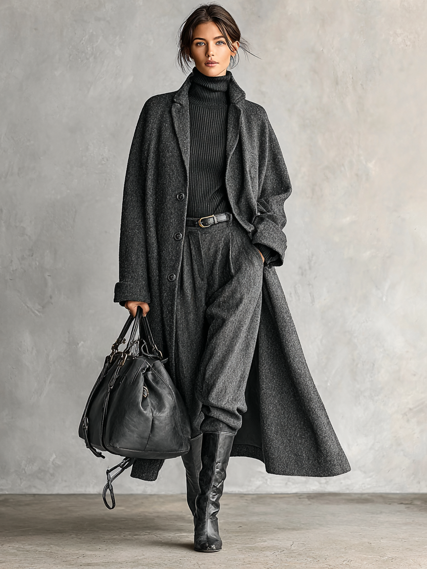 Women's Minimalist Wool Blend Lapel Single-breasted Long Coat MDA1837I0Y