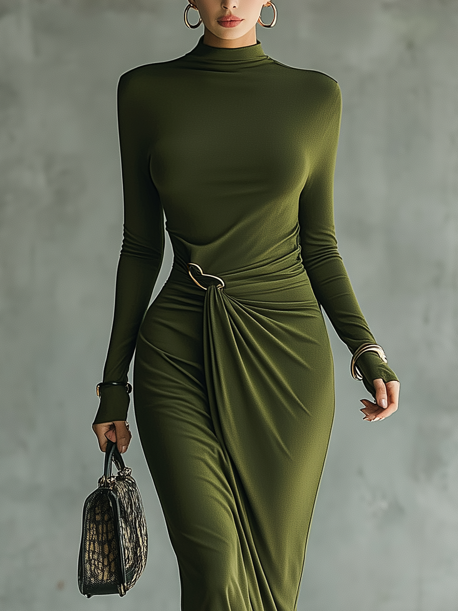 Women's Dark Olive Green High Elastic Knitted High Collar Slim Fit Maxi Dress MDA0855I8T