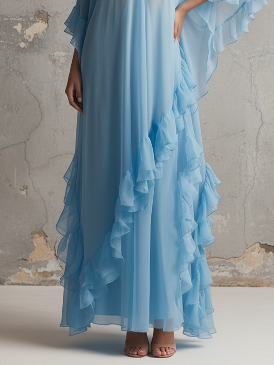 Women's Sky Blue Chiffon Dress With Deep V-Neck & Layered Ruffles, Timeless Romantic-Glam Style Dress MDA2239L1I
