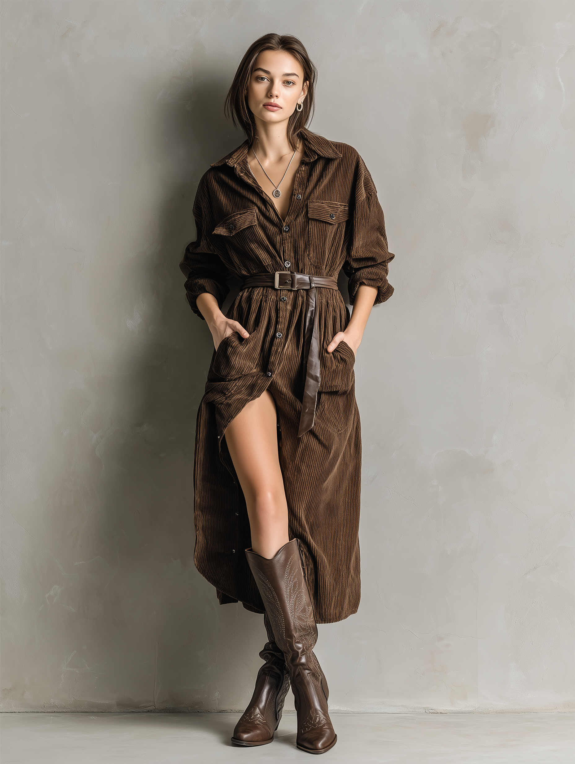 Women's Elegant Brown Corduroy Long-sleeved Shirt Dress Without Belt MDA1994L8AN