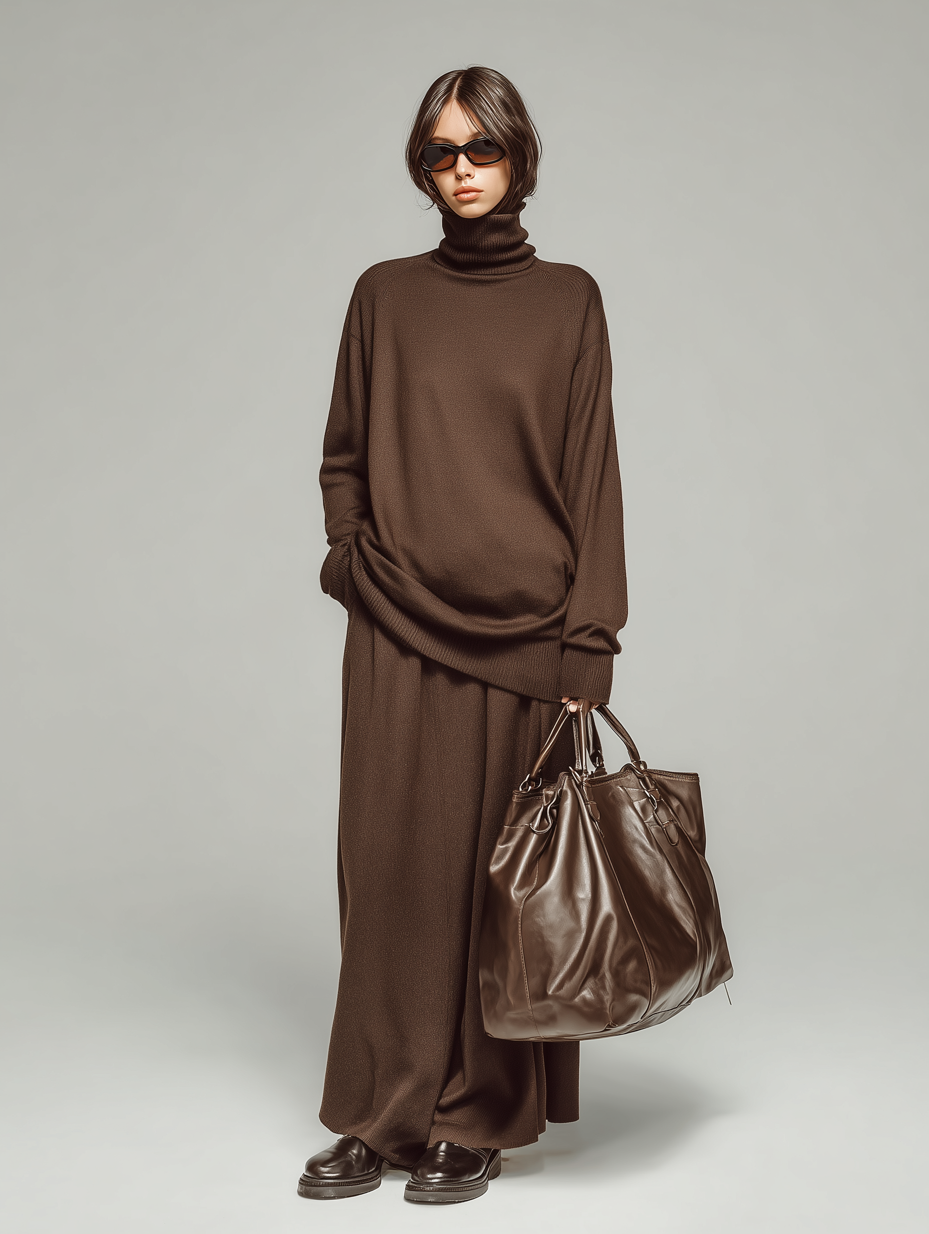 Women's Casual Brown Knit Turtleneck Long-sleeved Top Paired With A Long Skirt MDA1511L0AN