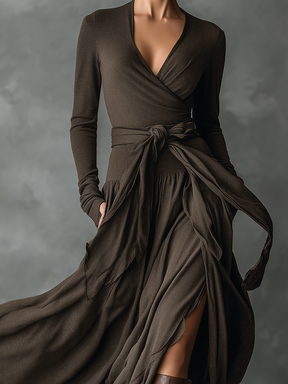 Women's Elegant Dark Brown Stretch Knit V-neck Long-sleeved Dress With Belt  MDA1955L7AN