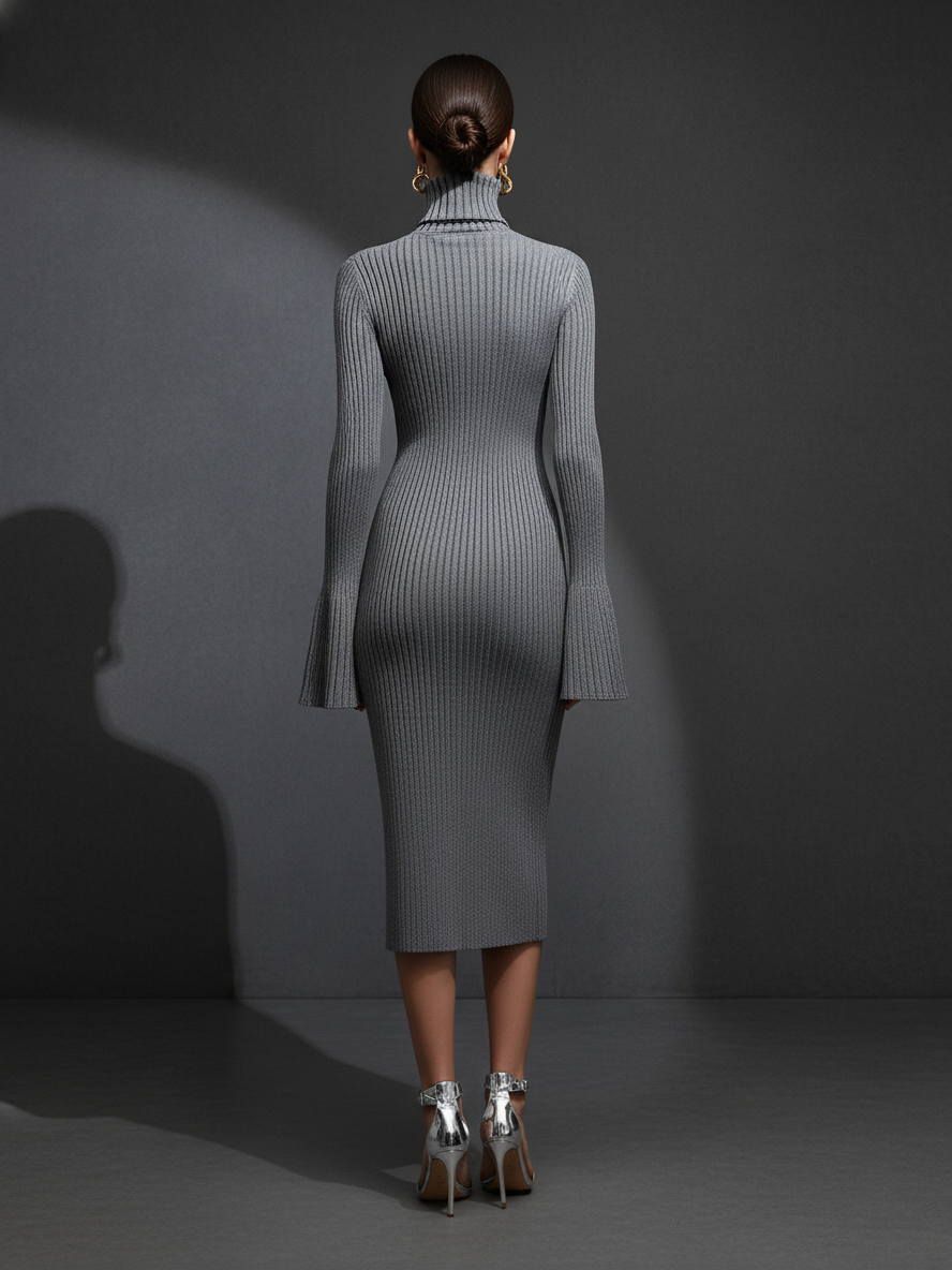 Women's Sleek Knit Dusty Gray Turtleneck Ribbed Bell-Sleeve Slit Midi Dress MDA1728L2AU