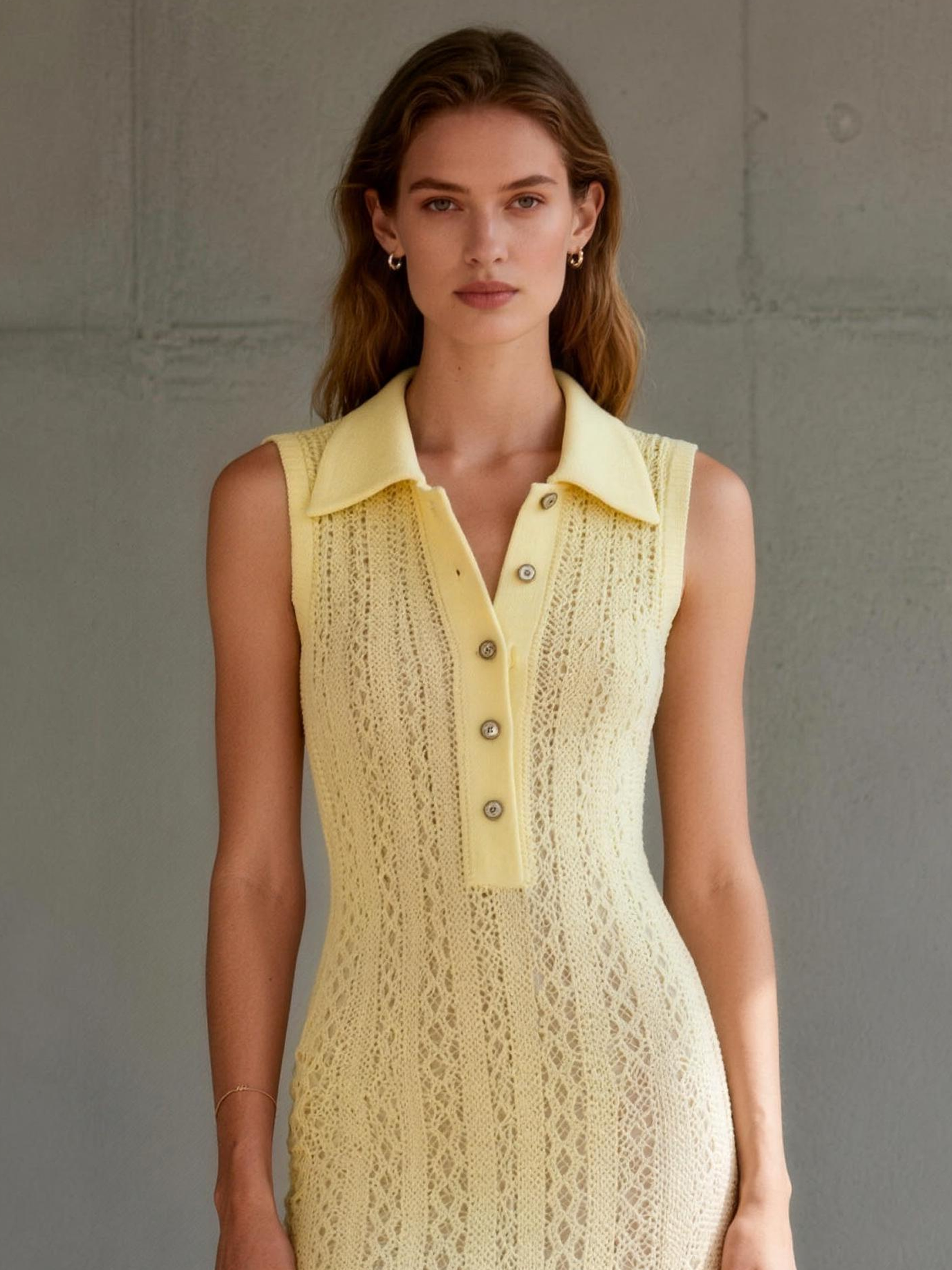 Women's Minimalist Knitted Shirt-collar Sleeveless Maxi Dress MDZ0559A0Y