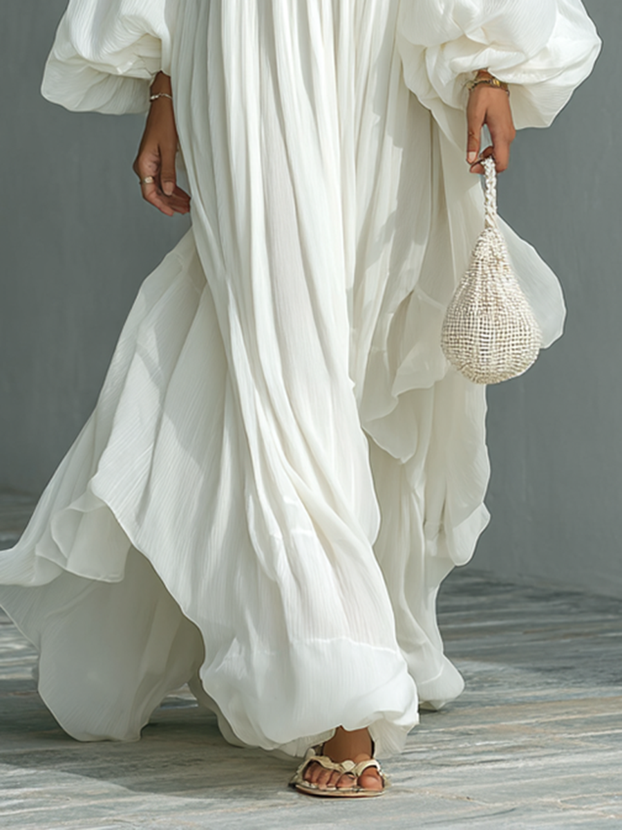 Women's Loose Lapel Lantern Sleeve Pleated Maxi Dress MDA1789G5Y