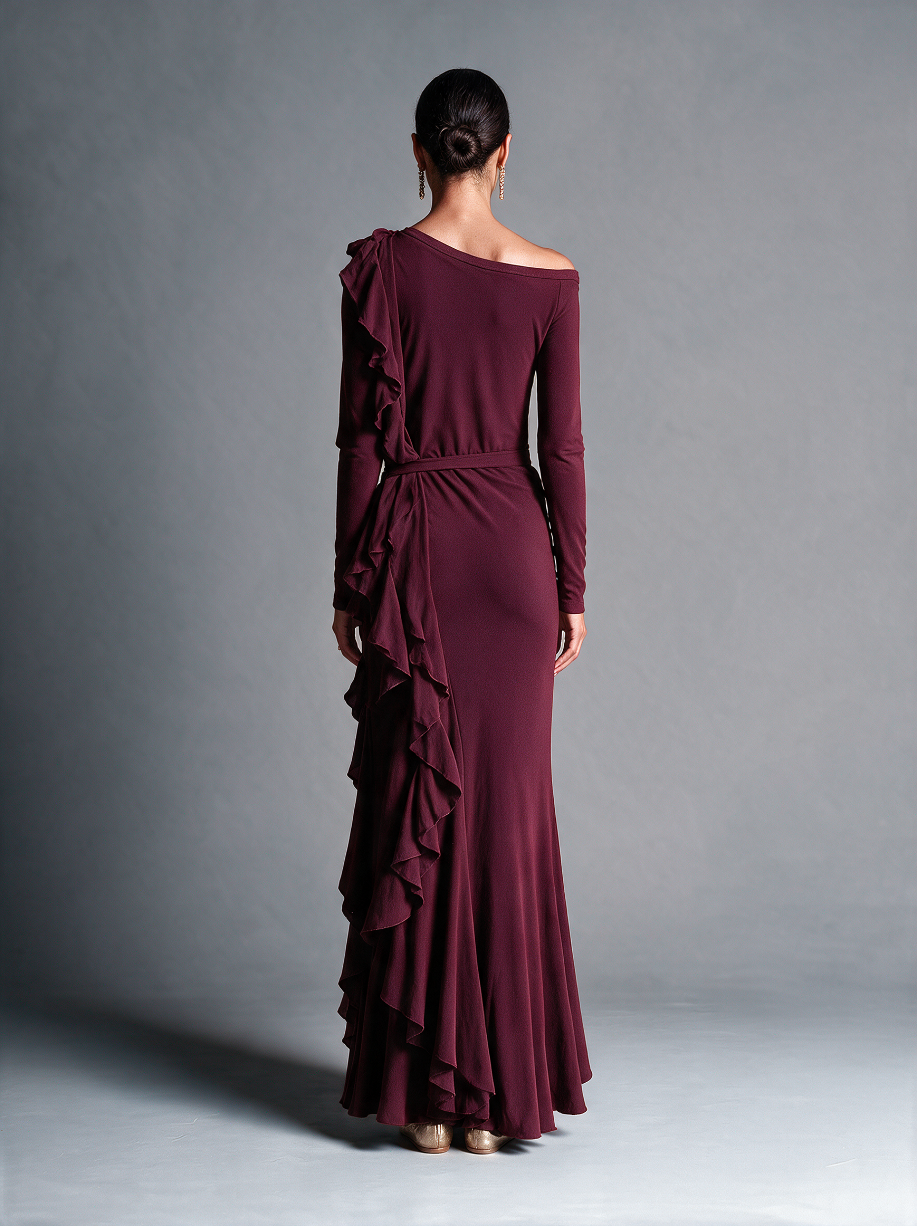 Women's Burgundy One‑Shoulder Ruffle Velvet Mermaid Evening Gown MDZ0390I1R