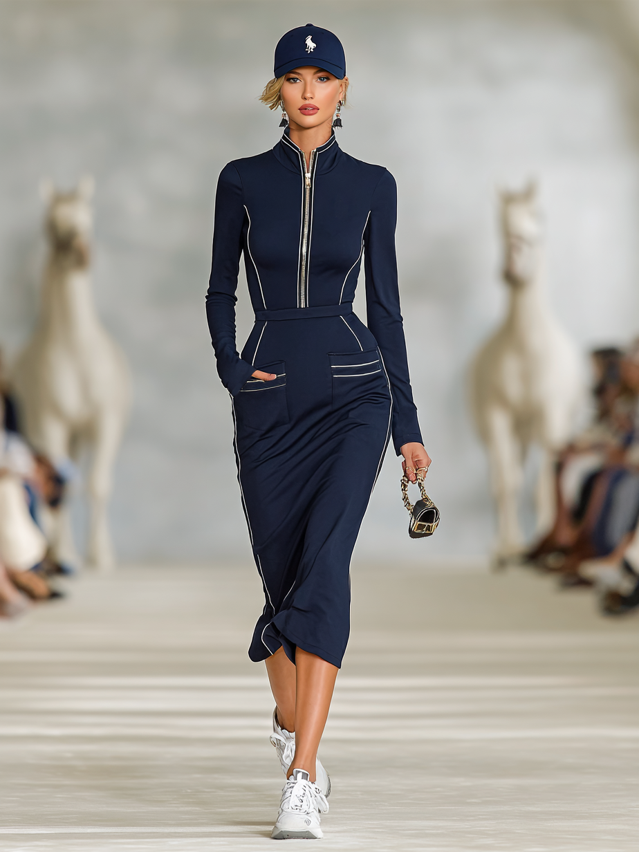 Women's Sports Tight Cotton Blend Zipper Neck Midi Dress MDA0156H4Y