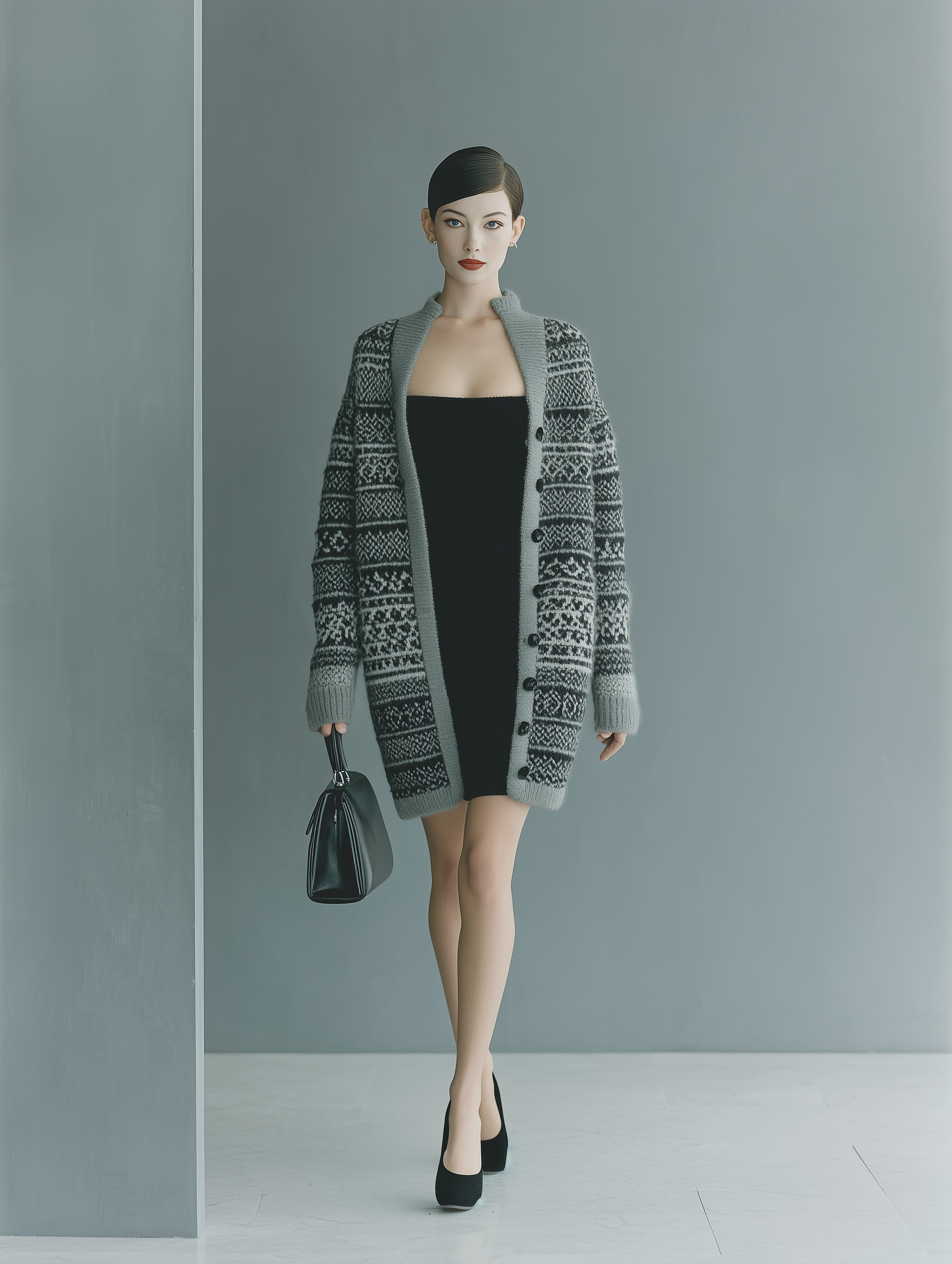 Women's Gray And Black Jacquard Knitted Loose Casual Cardigan MDA0970I4T