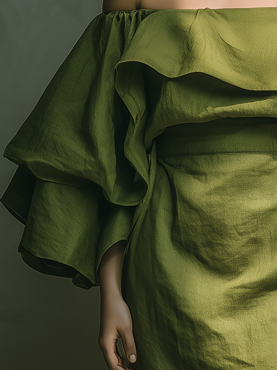 Women's Green Linen Off-the-shoulder Dress With Ruffled Long Sleeves MDZ1264A8T