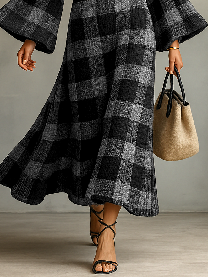 Women's Knitted Plaid Jacquard Turtleneck Flared Sleeve Maxi Dress MDA1276H5Y