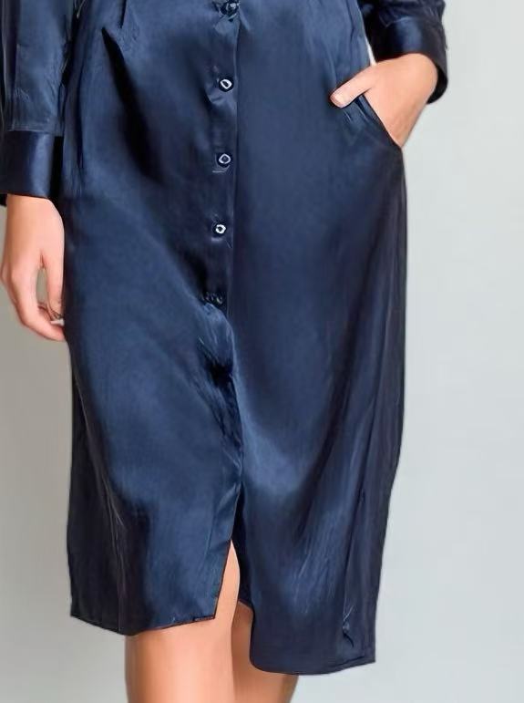 Women's Elegant And Stylish Navy Blue Acetate Shirt Dress With Belt MDA0656K0AN