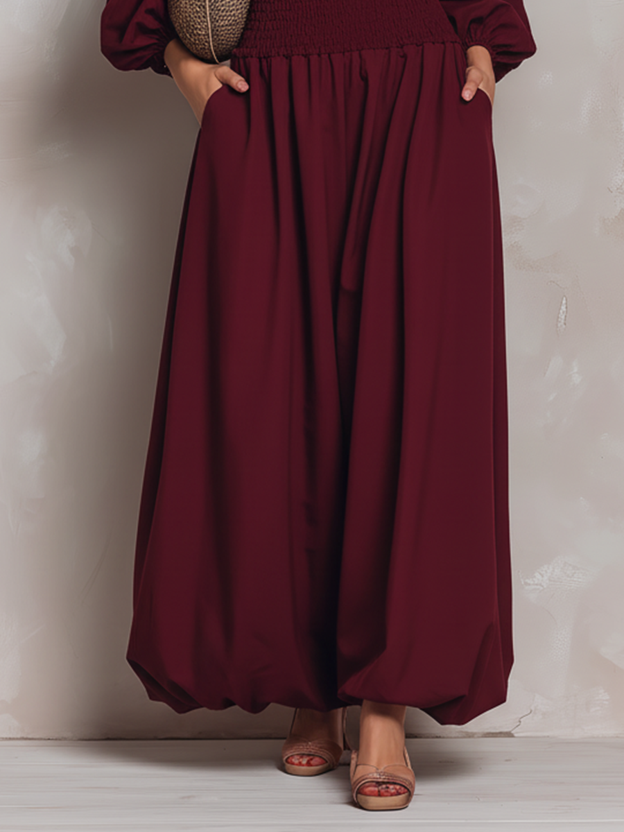 Women's Burgundy Cotton Blend Off-The-Shoulder Puff-sleeved Belted Long Jumpsuit MDA1107L8T