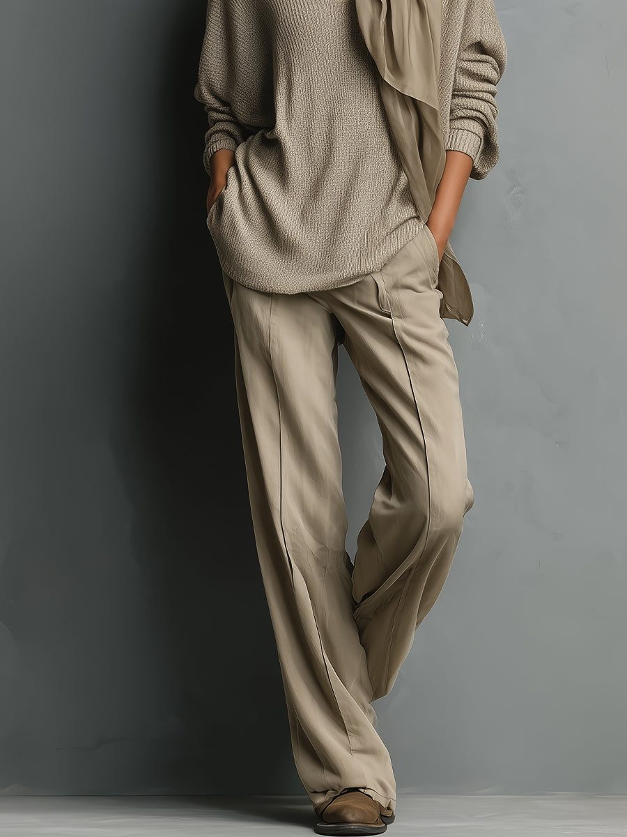Women's Beige Elegant Knit V - Neck Oversized Sweater And Wide - Leg Pants Set (Without Scarf) MDA1694I6I
