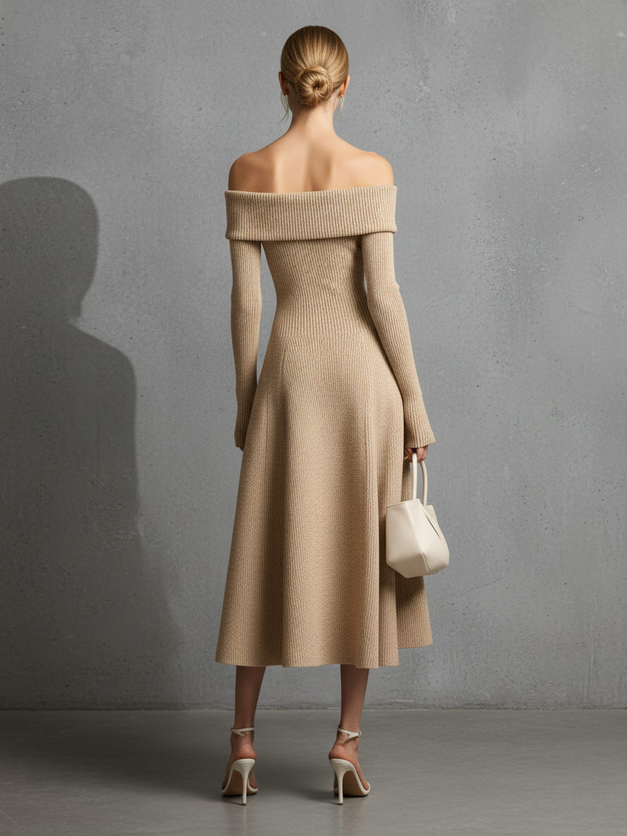 Women's Elegant Knit Beige Off-Shoulder Ribbed Flared Midi Dress MDA1641L6AU