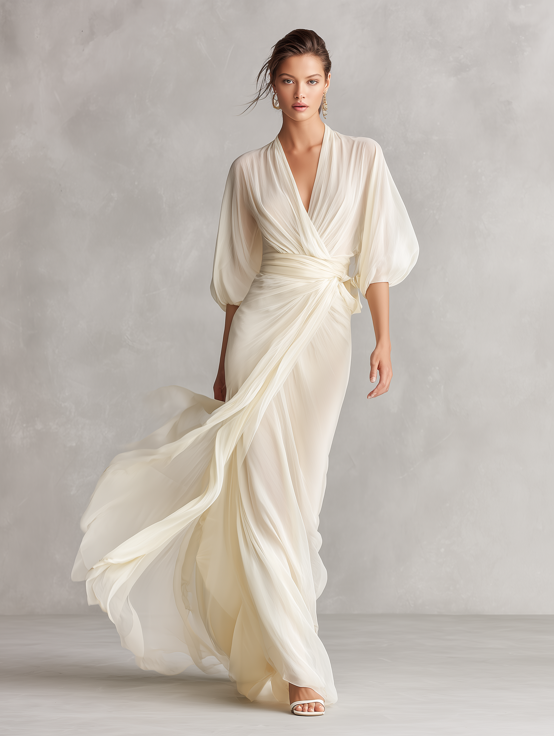 Women's Ivory Sheer Chiffon Dress With Puff Sleeves & Wrap Detail, Timeless Romantic-Luxe Style Dress MDZ0932A1I