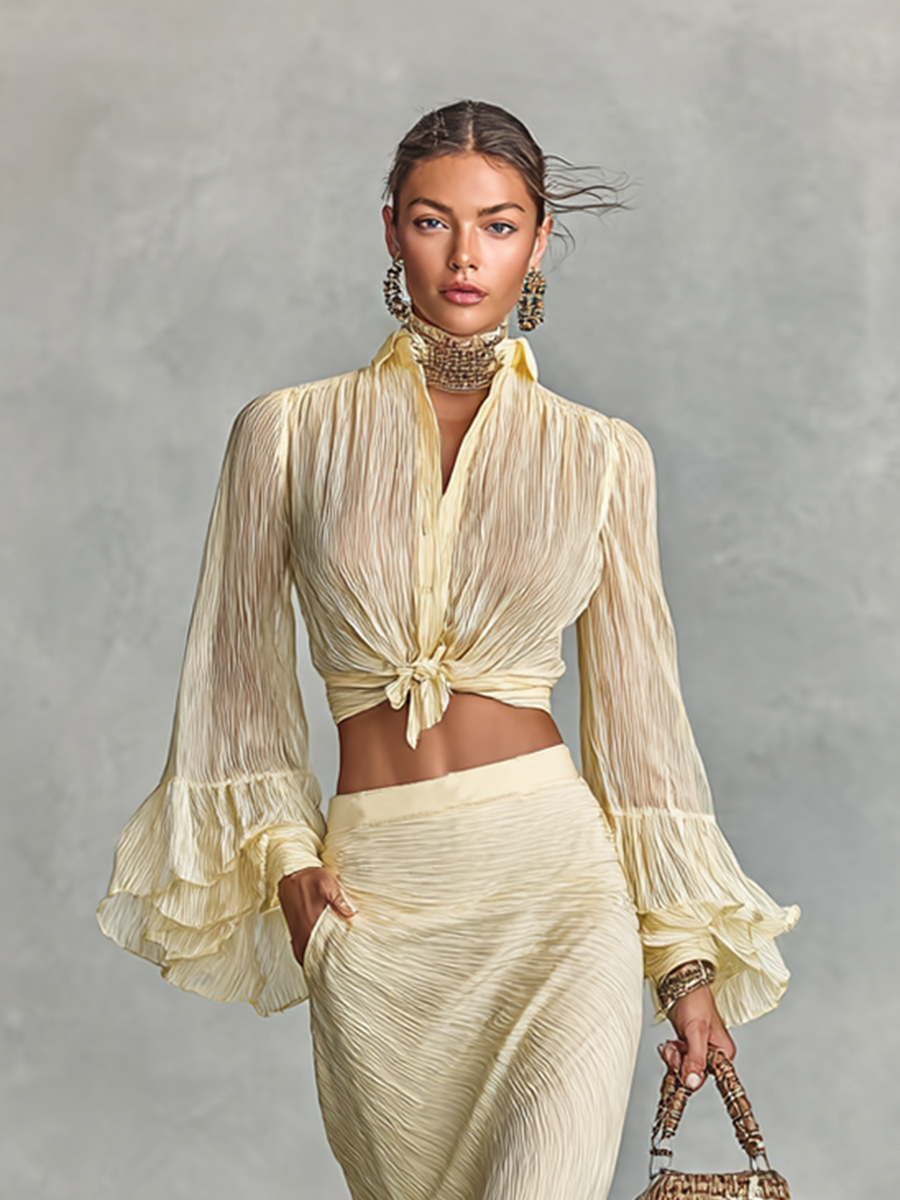 Women's Chiffon Pleated Flap Sleeve Shirt Half Body Fishtail Skirt Two-piece Set MDA2448G6Y