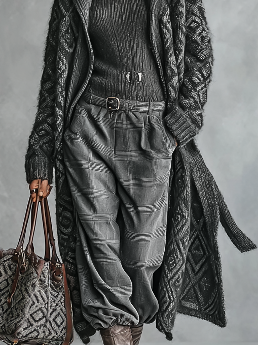 Women's Knitted Diamond Jacquard Hooded Belted Long Cardigan MDA2457I3Y