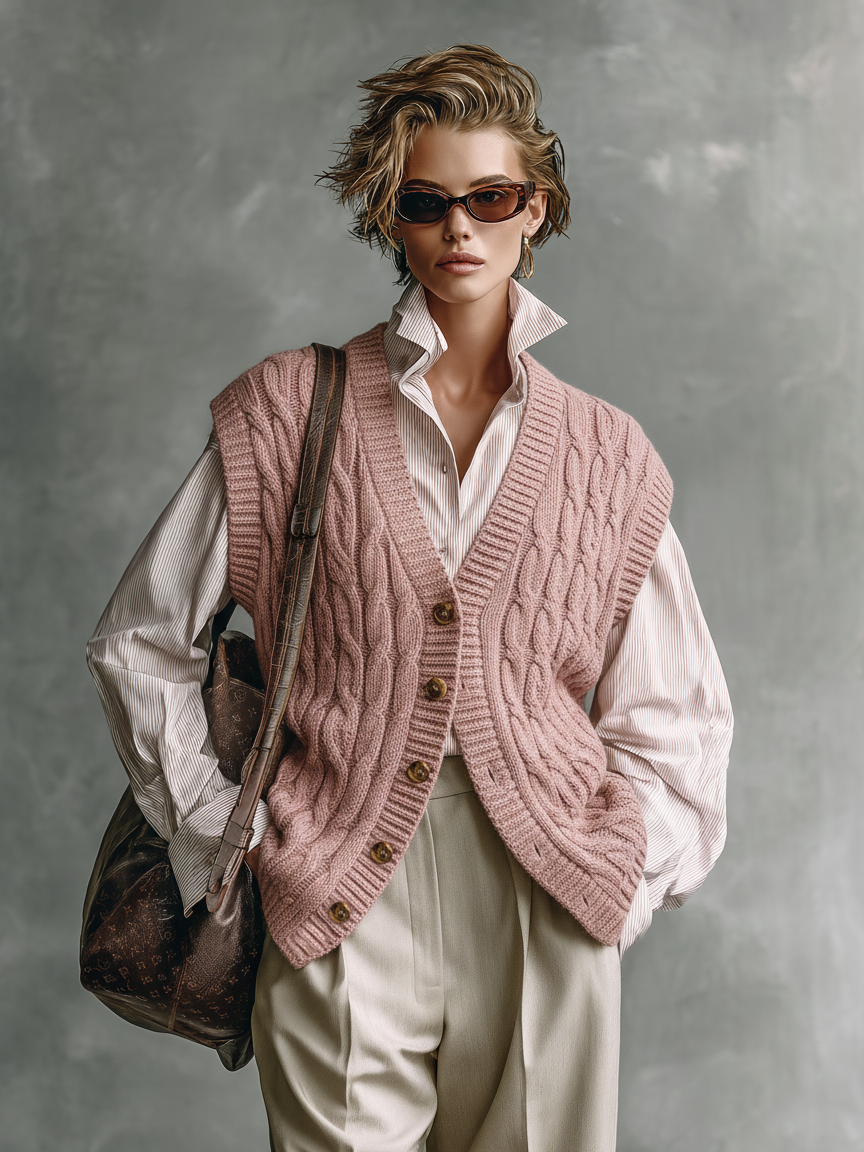 Women's Casual Knitted Cable-knit Single-breasted Vest MDA2825K3Y