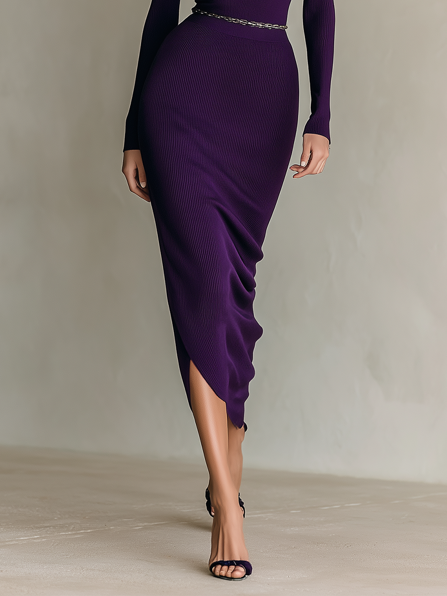 Women's Purple Simple Slim Knit Maxi Dress (Without Belt) MDA1300H9T