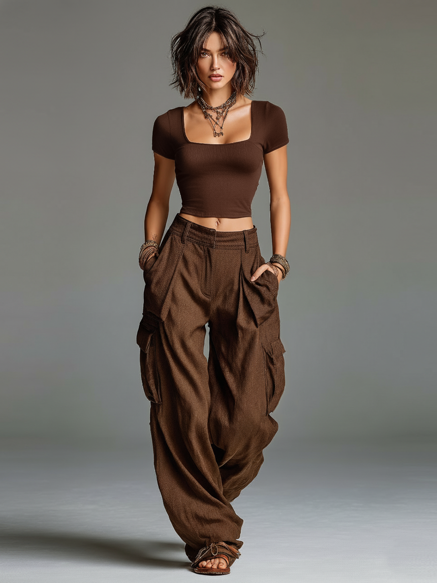 Women's Minimalist Fitted Short-sleeved T-shirt And Linen-blend Trousers Set MDA3187L5Y