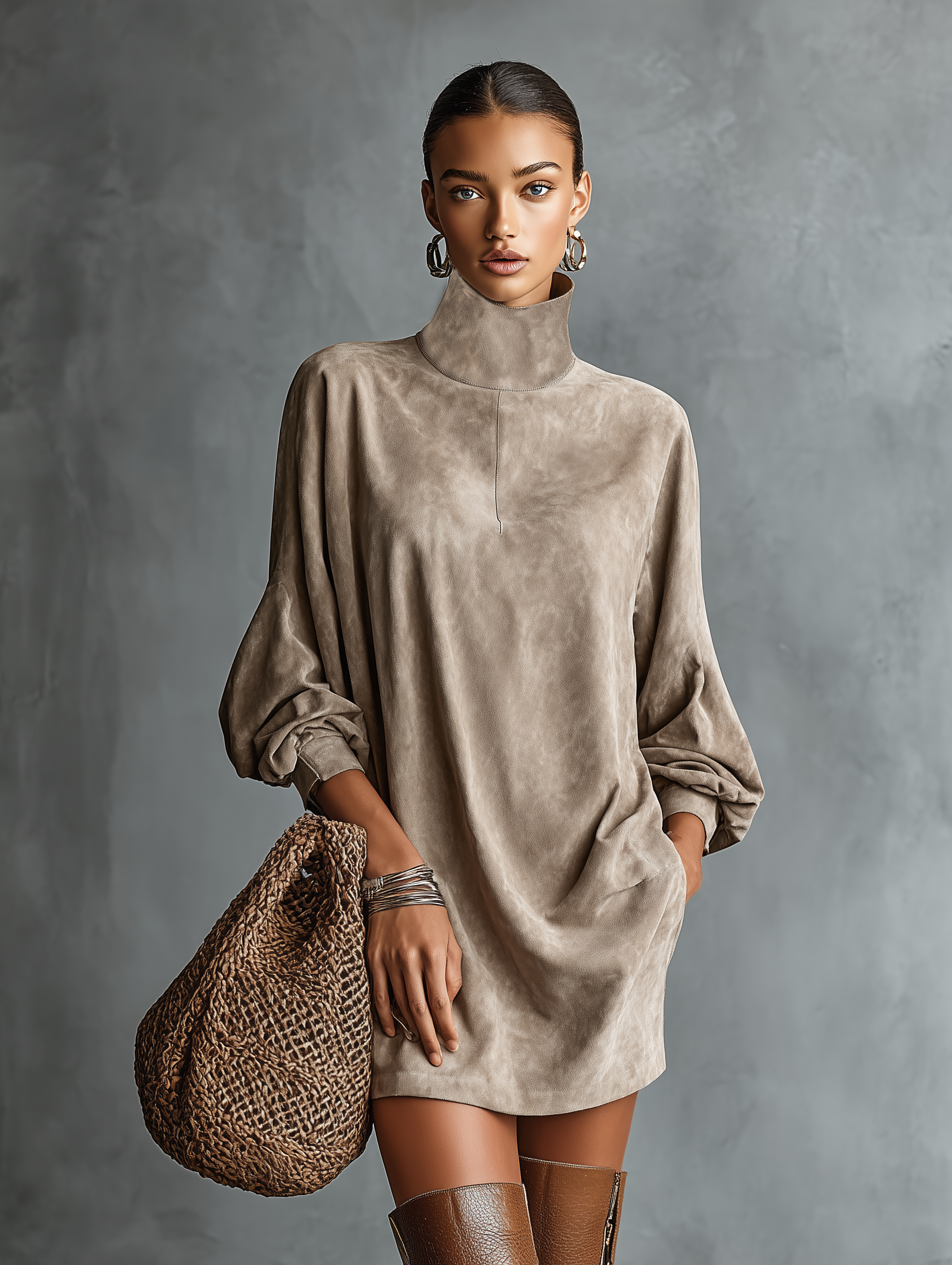 Women's Minimalist Loose-fitting Faux Suede High-neck Mini Dress MDA2423K1Y