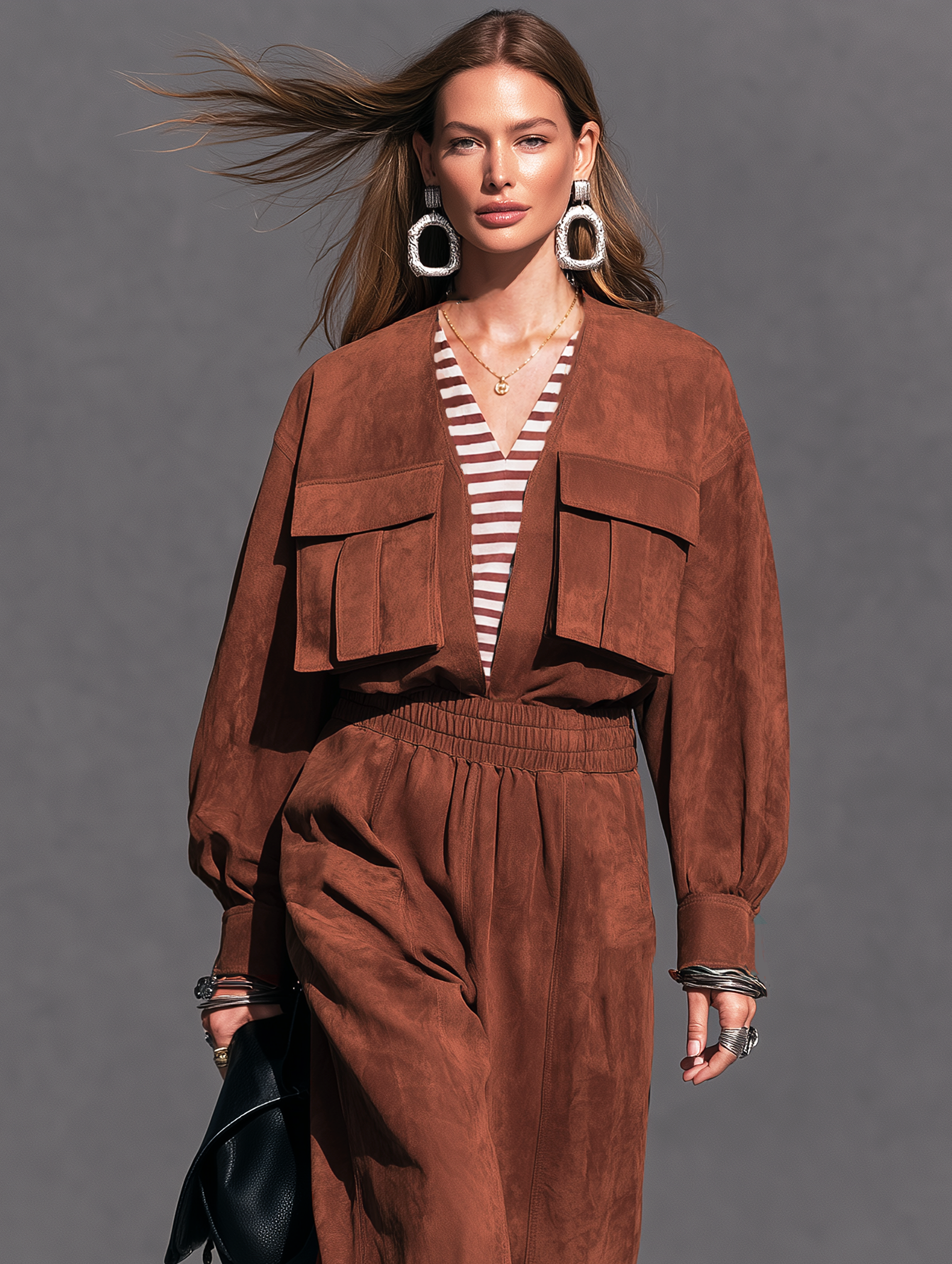 Women's Casual Reddish-Brown Suede Long-Sleeve Jumpsuit (Faux-Layered Style) MDZ2773H1LXY