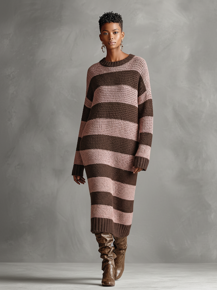 Women's Loose Knitted Striped Round Neck Maxi Dress MDA1555J4Y