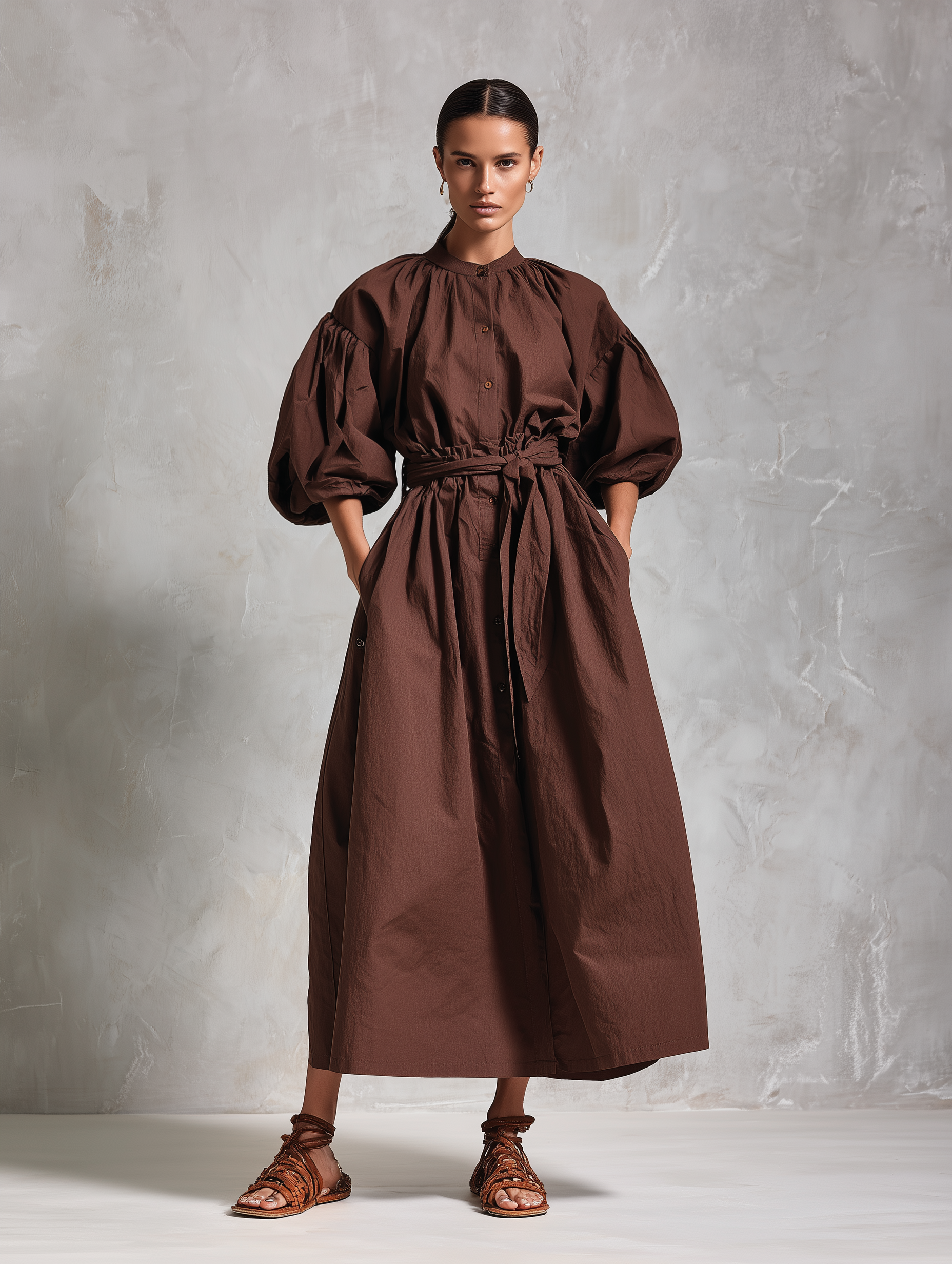 Women's Elegant Brown Cotton And Linen Blend Round Neck Short-sleeved Loose-fitting Maxi Dress MDZ1328A4AN