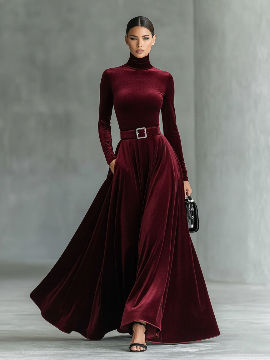 Women's Minimalist Velvet High-neck Belted Maxi Dress MDA2569J6Y