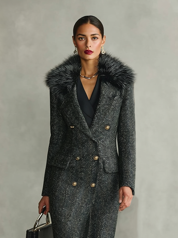 Women's Minimalist Herringbone Blend Detachable Fur Collar Double-breasted Long Coat MDA2844I9Y