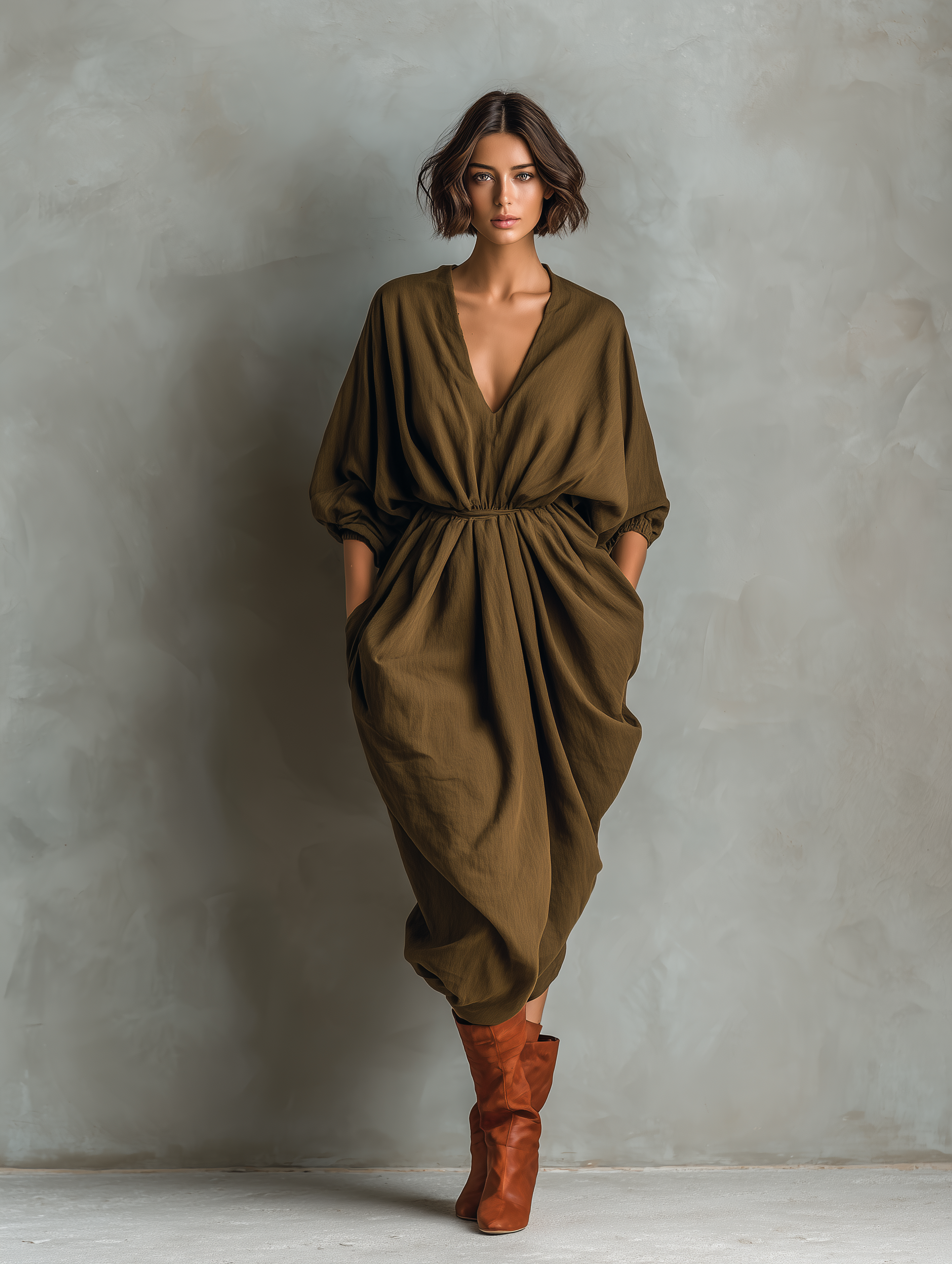 Women's Elegant Brown V-neck Woven Long-sleeved Loose Midi Dress MDA1738L1AN