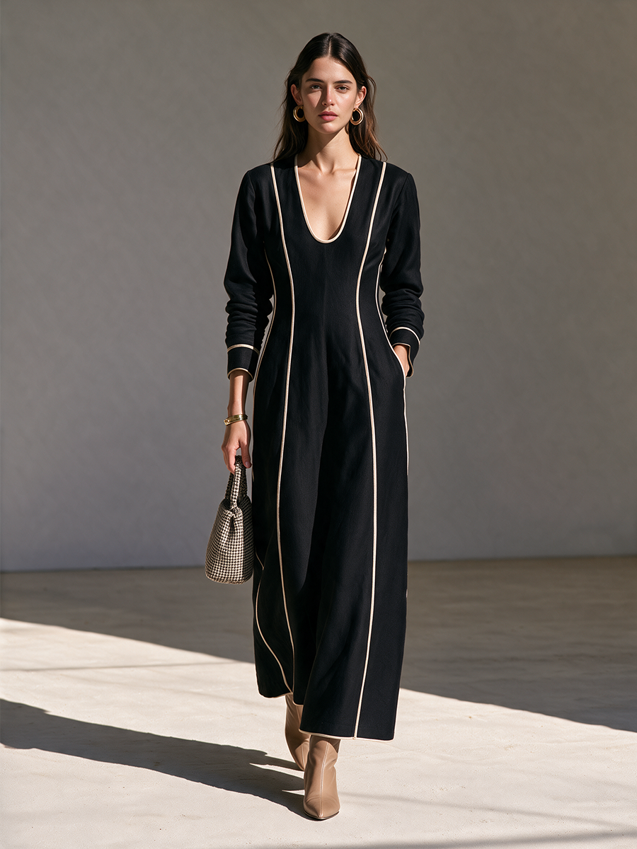 Women's Deep U-Neck Contrast-Piping Long-Sleeve Belted Pocket Slim Maxi Dress MDZ2704H5CMX