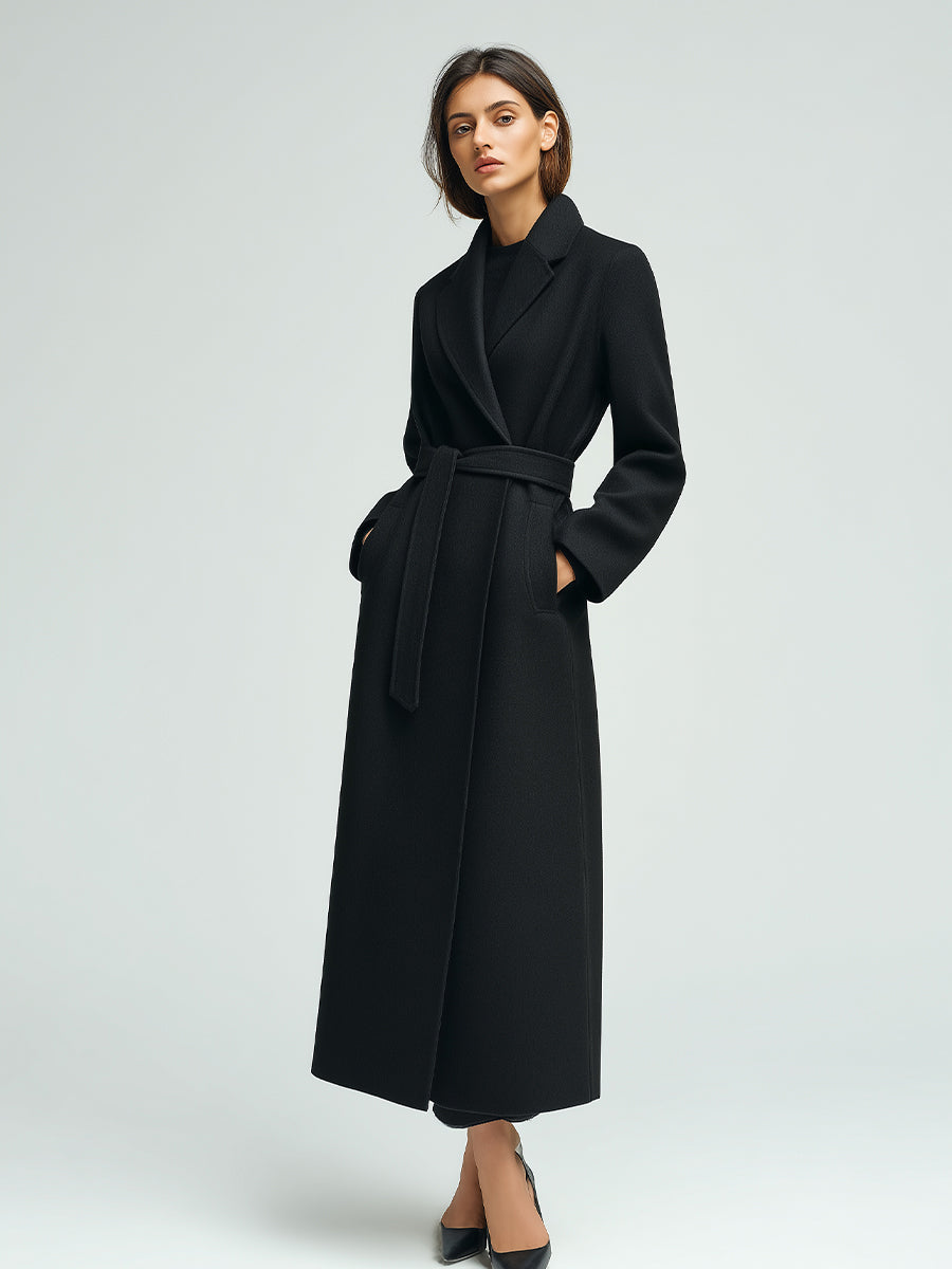 Women's Black Wool-Blend Maxi Coat With Structured Shoulders & Flap Pockets, Sophisticated Winter Style Coat MDA0474K5I