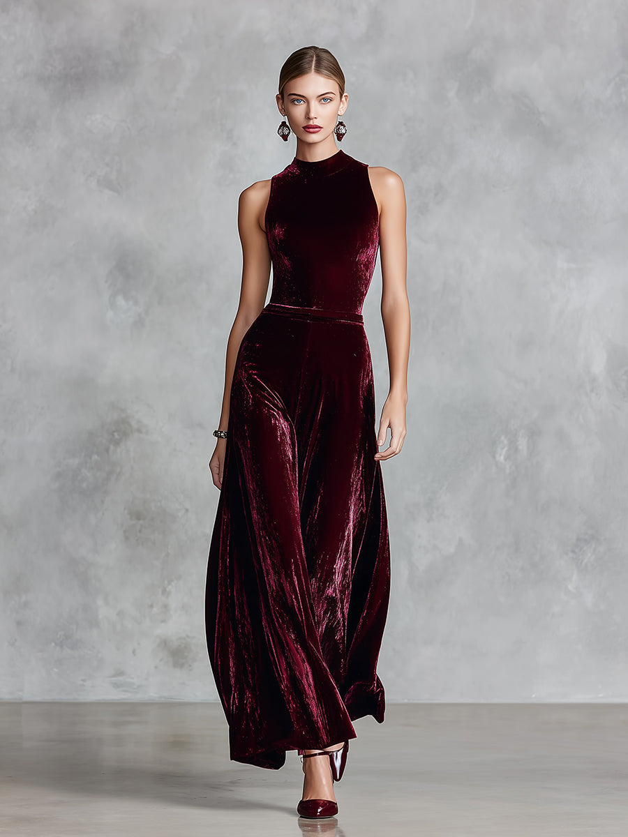 Women's Burgundy Elegant Velvet Mock - Neck Sleeveless Maxi Dress MDA1828I6I
