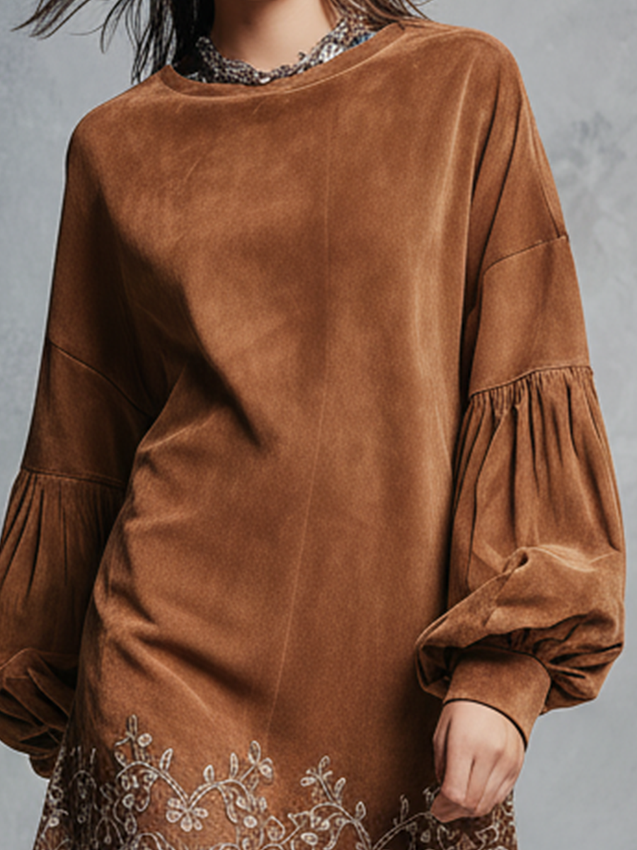 Women's Brown Faux Suede Embroidered Trim Lantern Sleeve Mini Dress MDA0349K1T