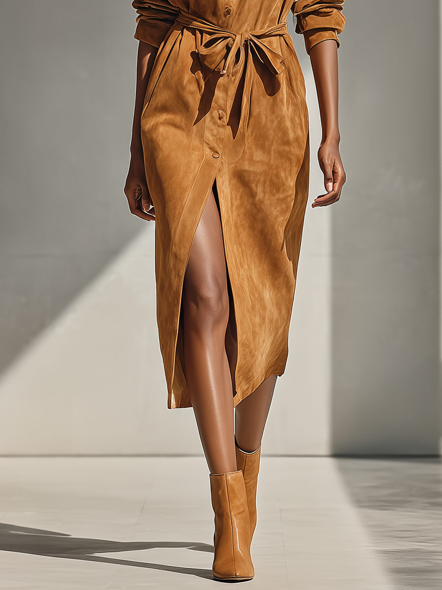 Women Camel Faux Suede Belted Button Down Shirt Dress MDA1897L1T