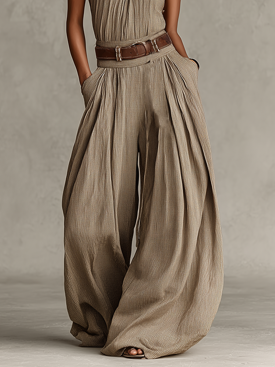 Women's Taupe Cotton-Blend Jumpsuit With Halter Neck & Wide-Leg Silhouette, Timeless Boho-Elegant Style Jumpsuit (Without Belt) MDZ0940C3I