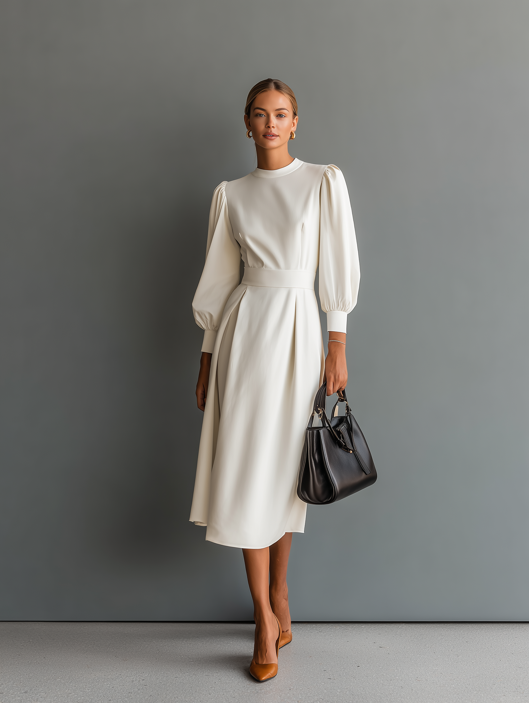 Women's Elegant White Slightly Stretchy Knit Round Neck Long Sleeve Slim Fit Midi Dress MDA2313L4AN