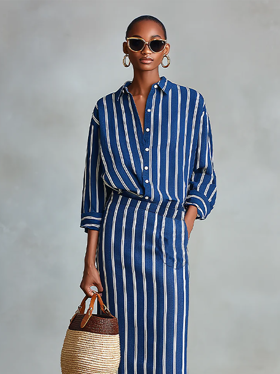 Women's Royal Blue White Stripe Cotton-Blend Co-Ord With Button Front Blouse & Elastic Waist Straight Maxi Skirt, Effortless-Chic Summer Daily Outfit MDZ2304F8LYL