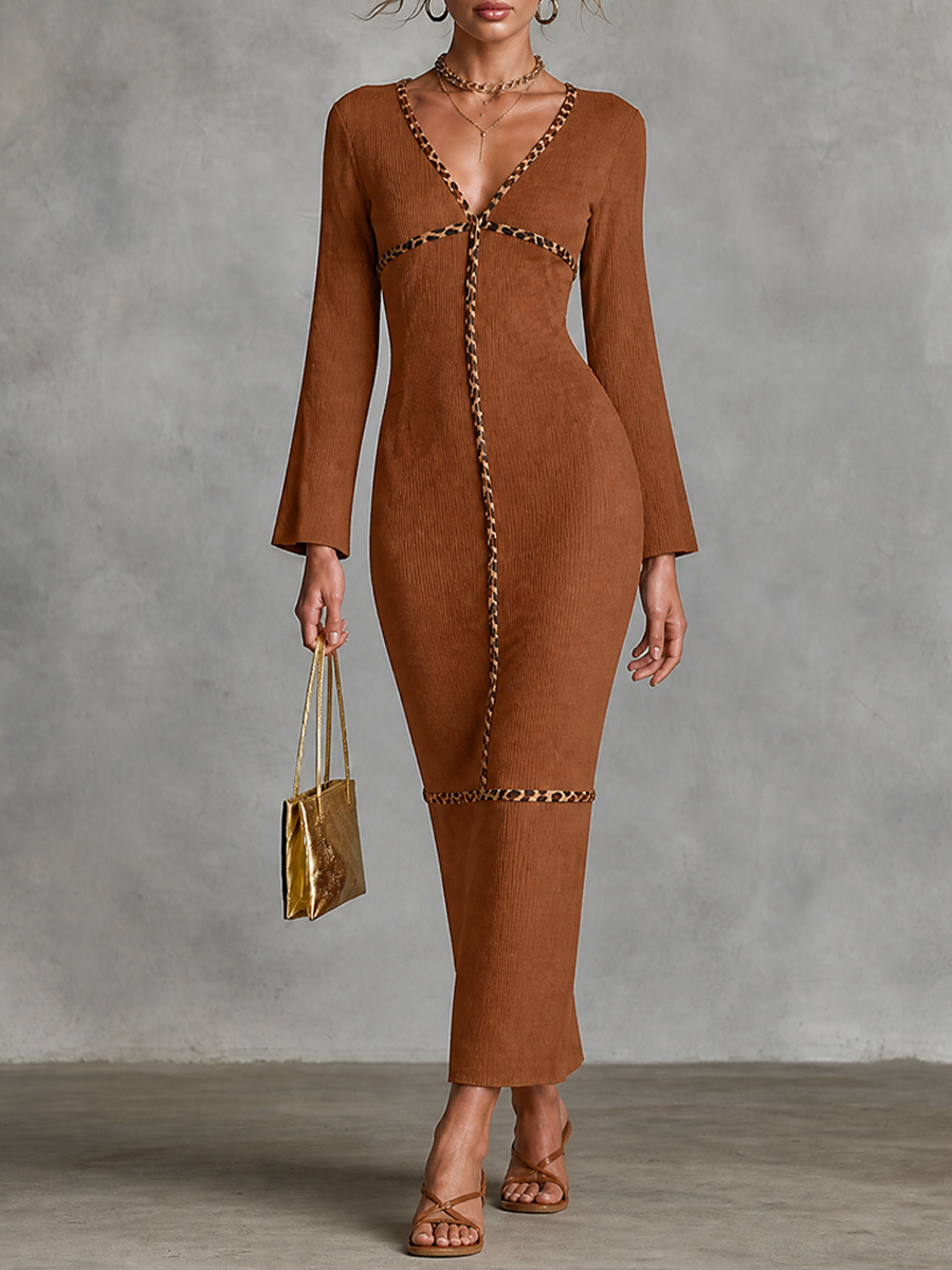 Women's Leopard Trim Ribbed Knit Bodycon Maxi Dress