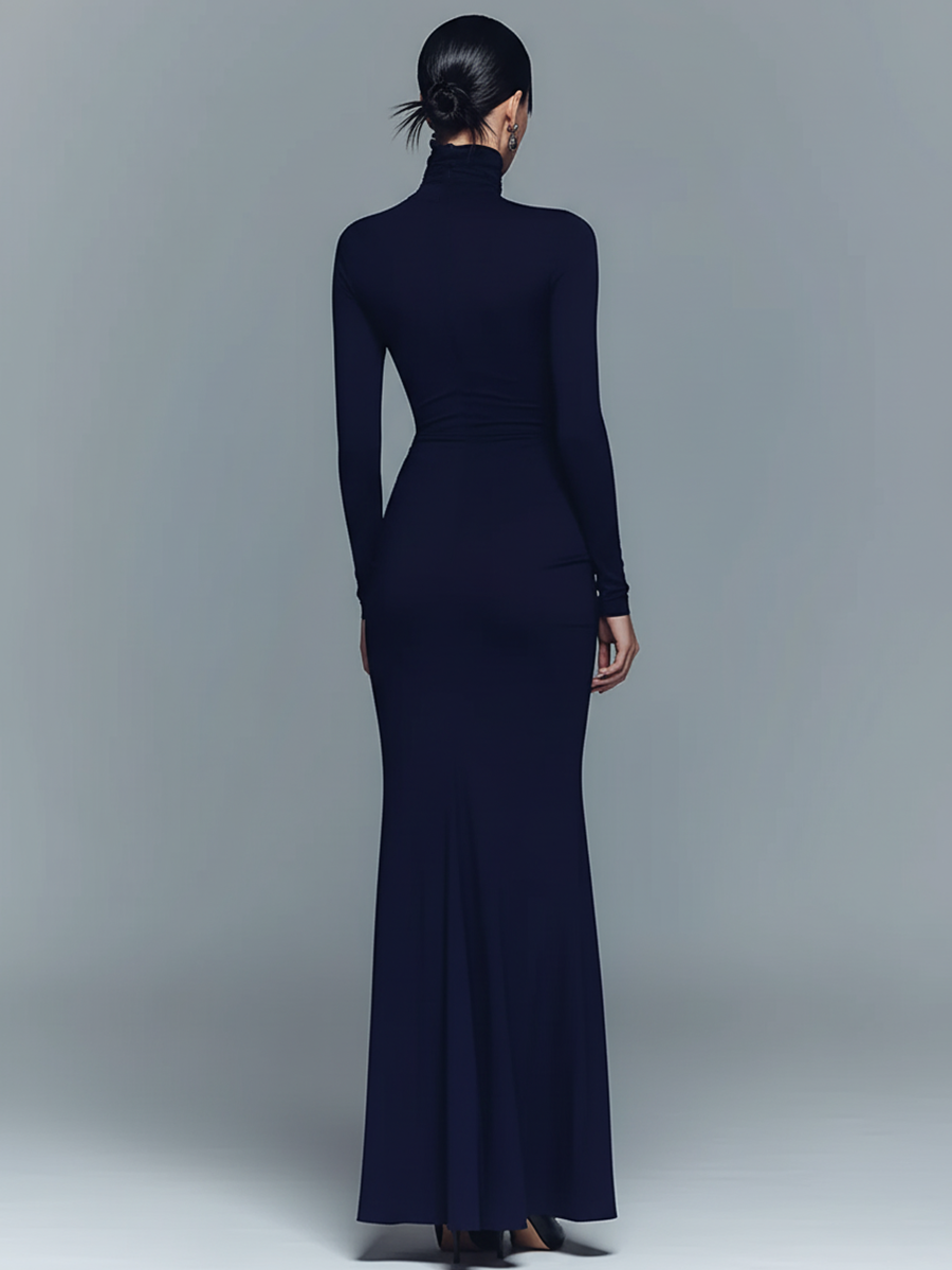 Women's Navy Elegant Stretch Polyester-Cotton Blend Turtleneck Draped Maxi Dress MDA1742J1I