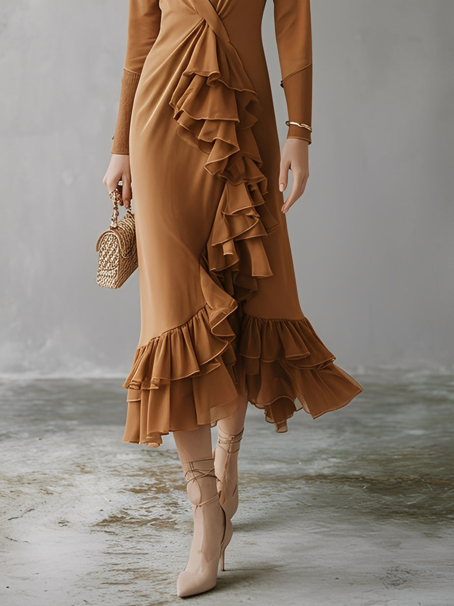 Women's Camel Brown Flowy Dress With Long Sleeves & Asymmetric Ruffles, Sophisticated Evening-Cocktail Style Dress MDA1932L9I