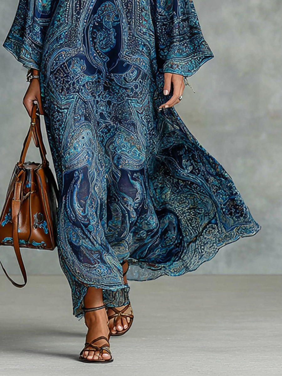 Women's Paisley Print Half-high Collar Trumpet Long-sleeved Loose Maxi Dress MDA2129G3Y