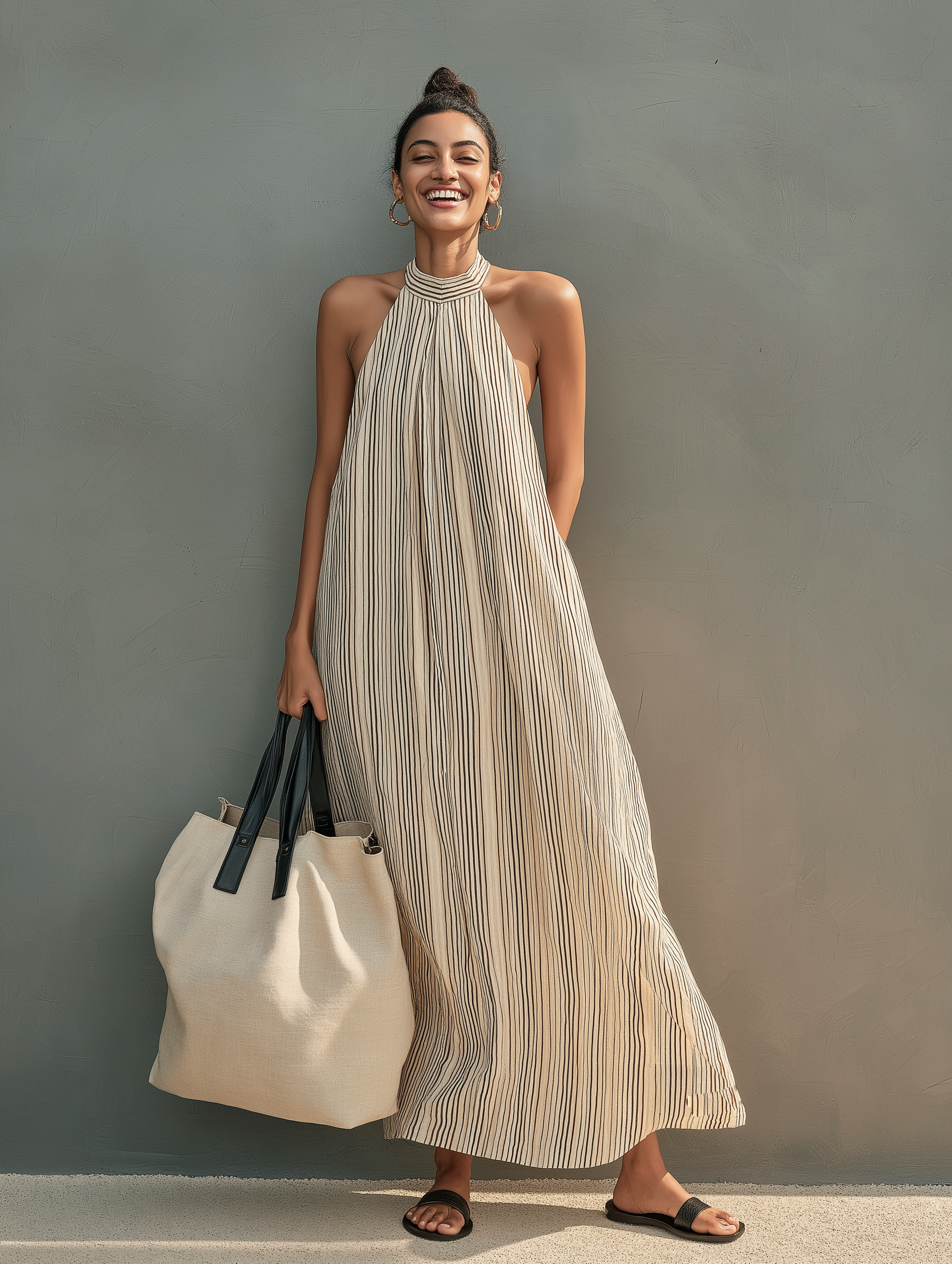 Women's Casual Beige Striped Woven Round Neck Sleeveless Loose-fitting Long Dress MDZ2850B7AN